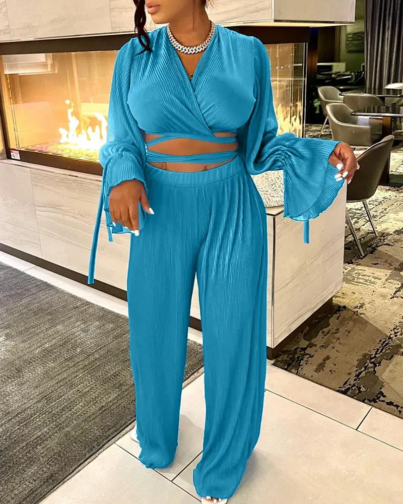 Chic Bell Sleeve Tie-Detail Crop Top & Wide Leg Pants Set