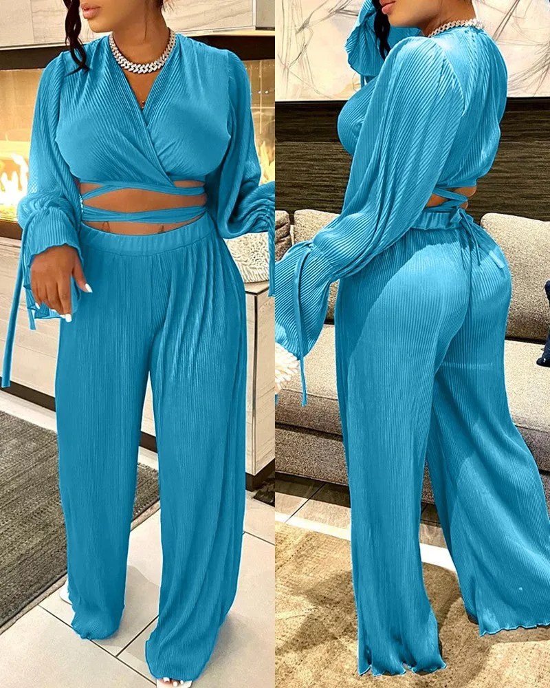 Chic Bell Sleeve Tie-Detail Crop Top & Wide Leg Pants Set