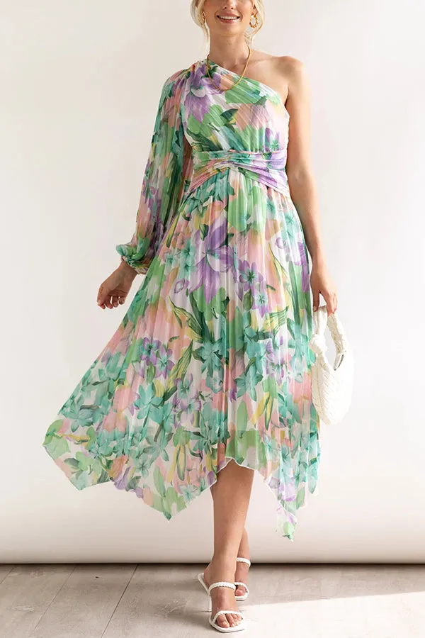 Elegant One-Shoulder Pleated Midi Dress - Bloom Your Own Way Style