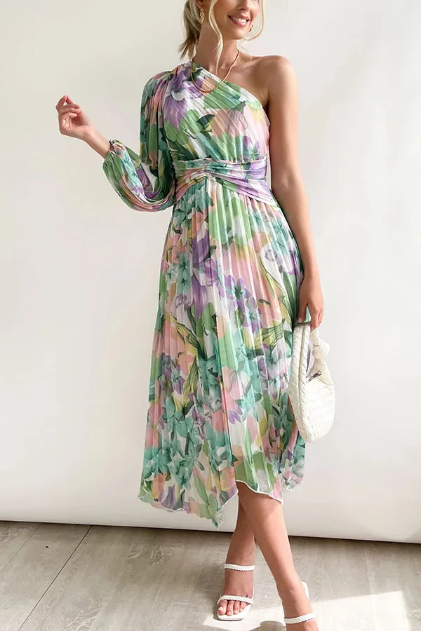 Elegant One-Shoulder Pleated Midi Dress - Bloom Your Own Way Style