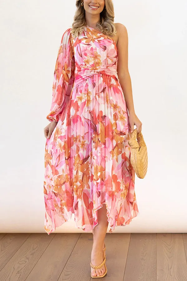 Elegant One-Shoulder Pleated Midi Dress - Bloom Your Own Way Style