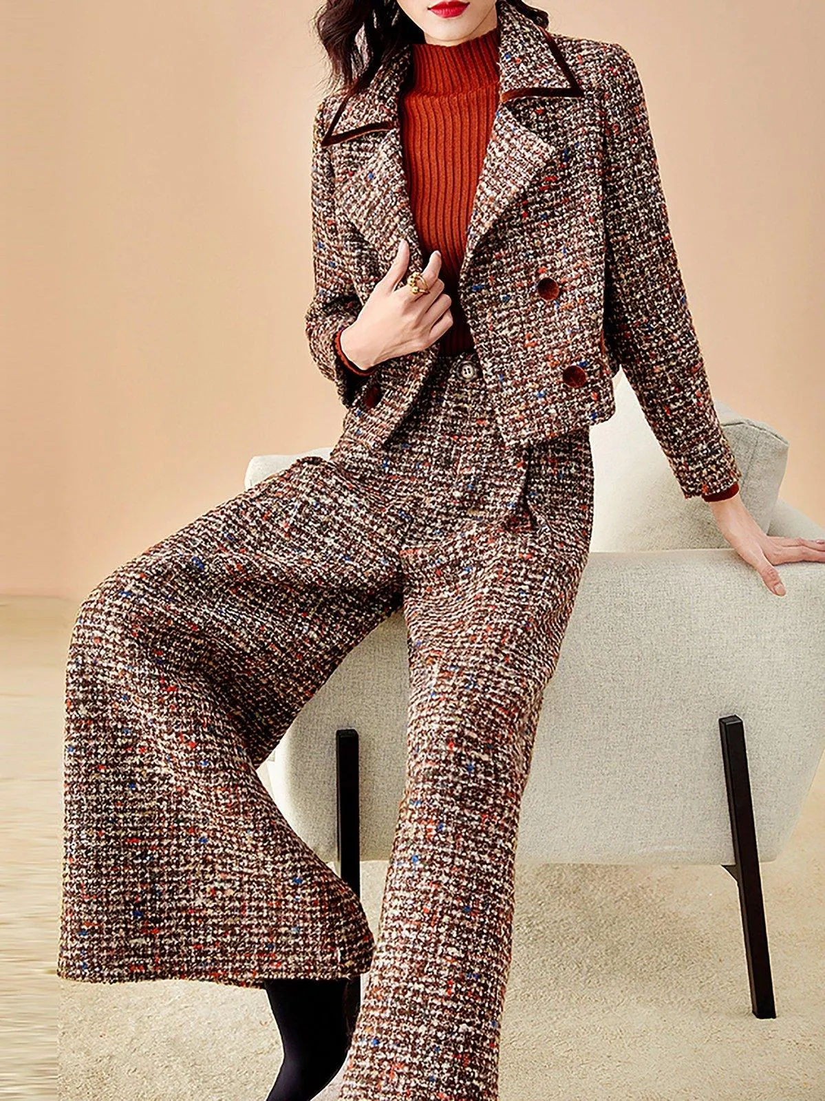 Double Breasted Wool Blend Short Blazer & Wide Cropped Leg Pants