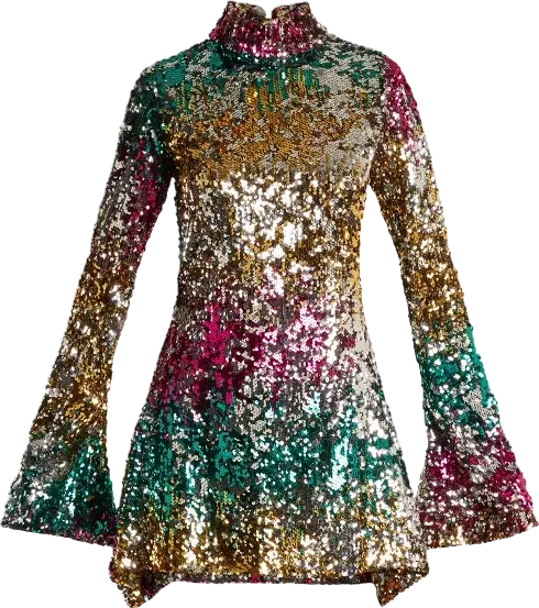 Halpern High-neck Fluted-sleeve Dress with Multicoloured Sequin Embellishments - BNWT, UK Size 10