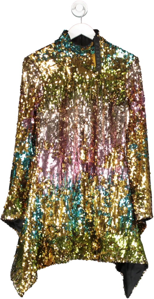 Halpern High-neck Fluted-sleeve Dress with Multicoloured Sequin Embellishments - BNWT, UK Size 10