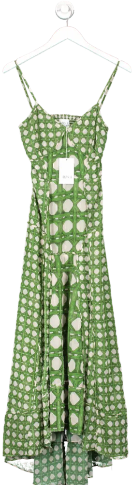 MISA Los Angeles Maxi Dress - Green Bamboo Print, Cut-Out Back, UK XS