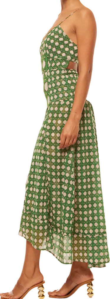 MISA Los Angeles Maxi Dress - Green Bamboo Print, Cut-Out Back, UK XS