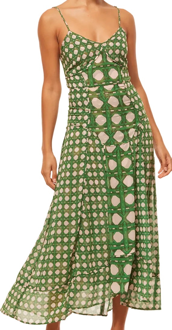 MISA Los Angeles Maxi Dress - Green Bamboo Print, Cut-Out Back, UK XS