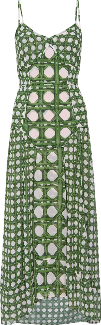 MISA Los Angeles Maxi Dress - Green Bamboo Print, Cut-Out Back, UK XS