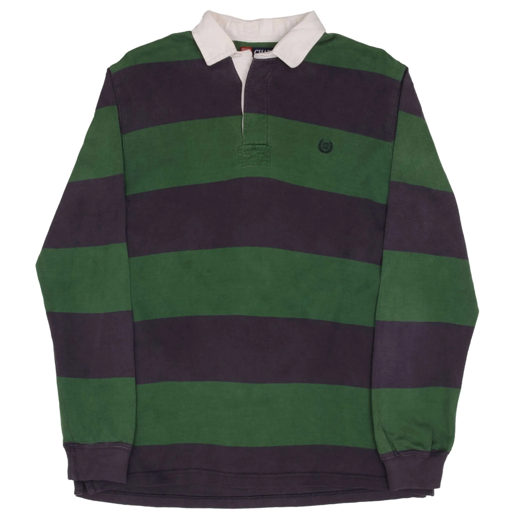 VINTAGE CHAPS RALPH LAUREN BLUE & GREEN STRIPED RUGBY POLO SHIRT 1990S SMALL