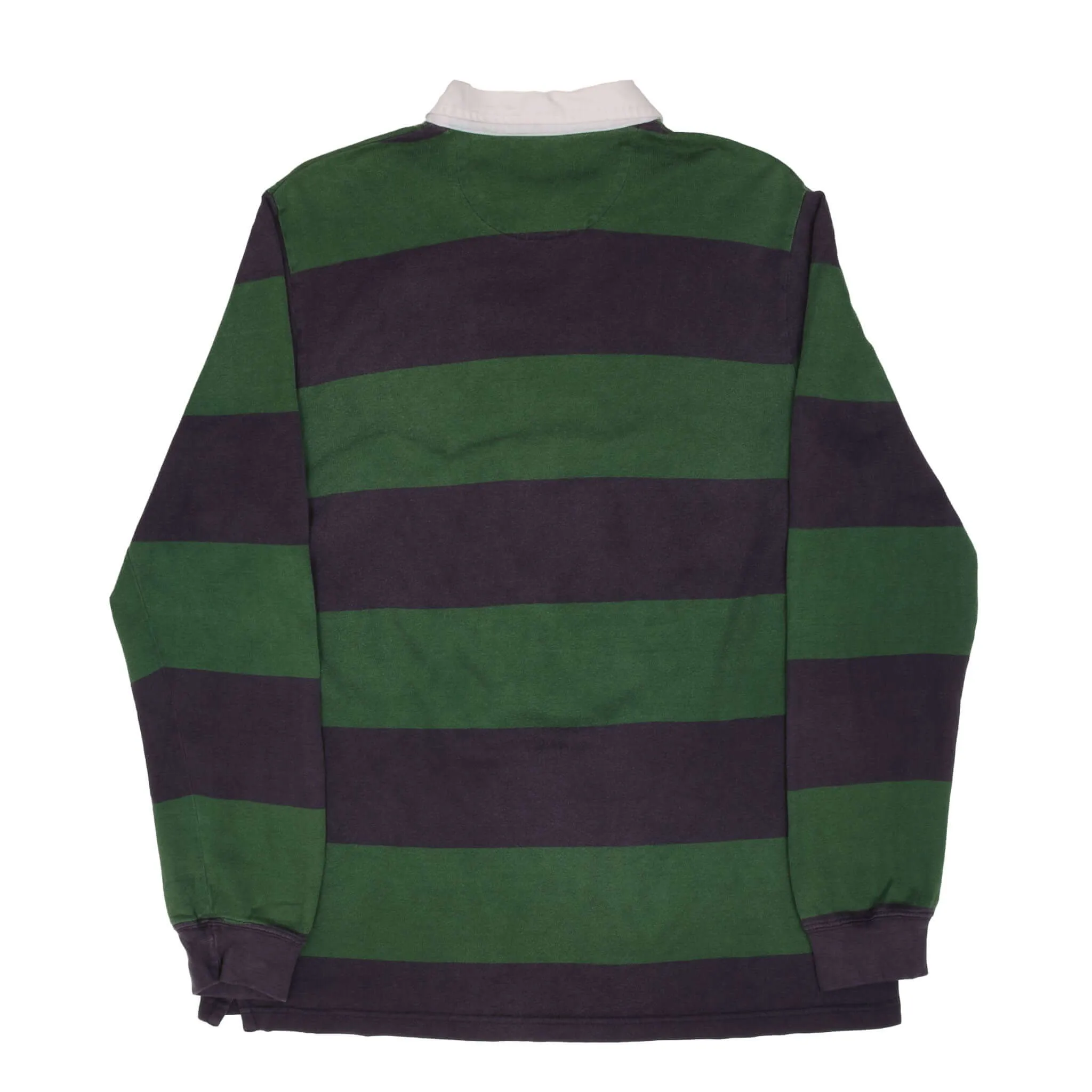 VINTAGE CHAPS RALPH LAUREN BLUE & GREEN STRIPED RUGBY POLO SHIRT 1990S SMALL