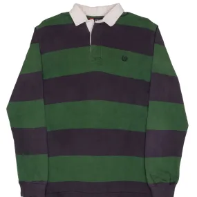 VINTAGE CHAPS RALPH LAUREN BLUE & GREEN STRIPED RUGBY POLO SHIRT 1990S SMALL