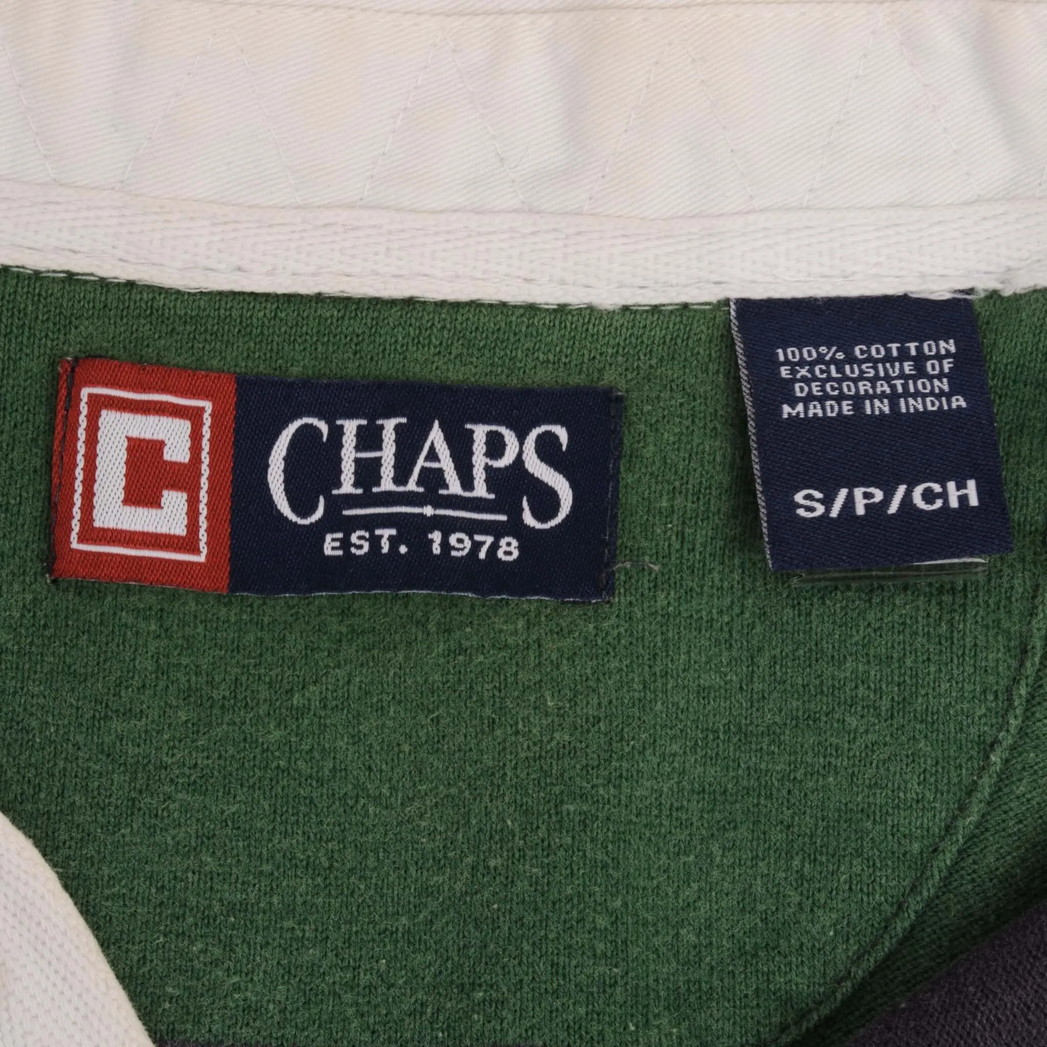 VINTAGE CHAPS RALPH LAUREN BLUE & GREEN STRIPED RUGBY POLO SHIRT 1990S SMALL