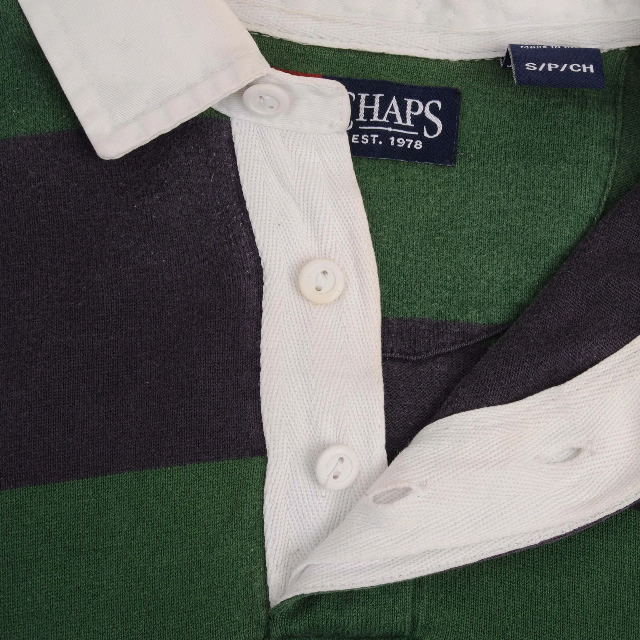 VINTAGE CHAPS RALPH LAUREN BLUE & GREEN STRIPED RUGBY POLO SHIRT 1990S SMALL